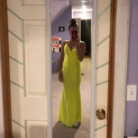 La Femme Neon Yellow Strappy Back Formal Gown - Picture 2 of 13